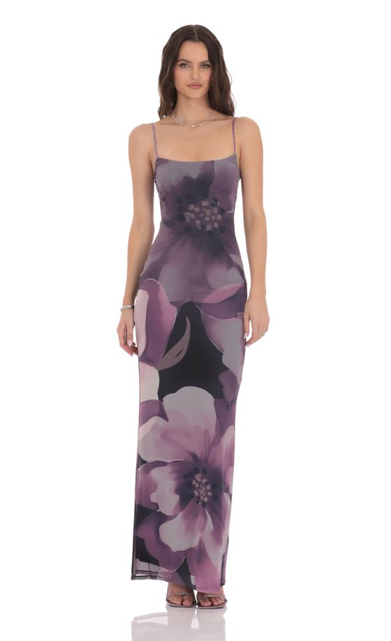 Floral Mesh Bodycon Maxi Dress in Purple