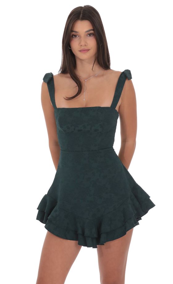 Floral Jacquard Ruffle A-line Dress in Forest Green