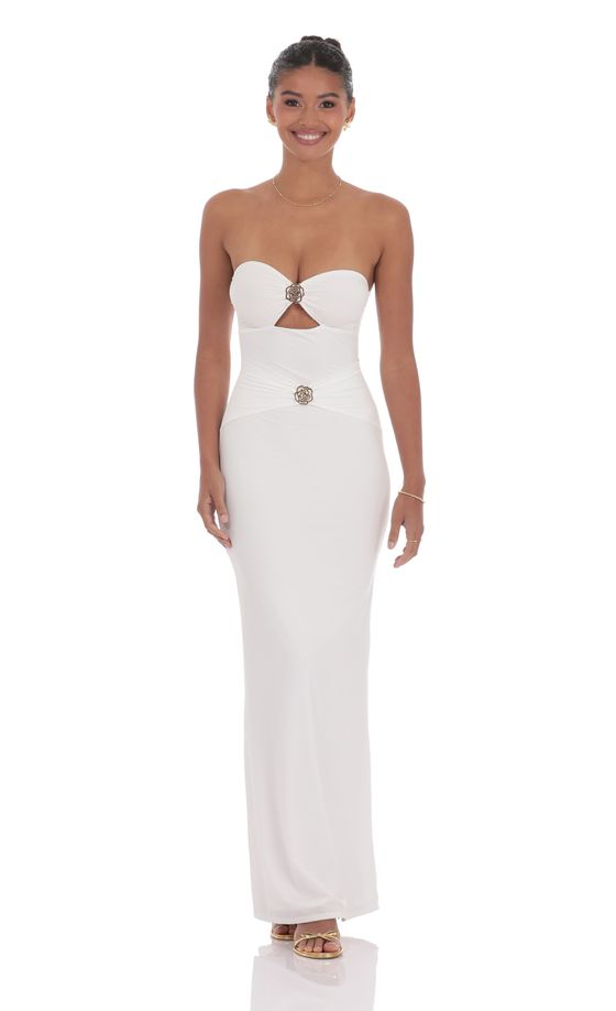 Golden Rose Cutout Maxi Dress in White