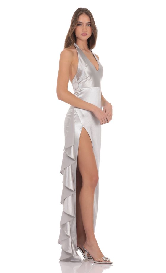 Satin Plunge Neck Halter Maxi Dress in Silver