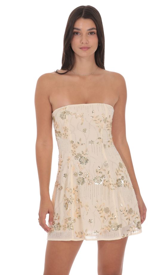 Gold Sequin Beaded Floral Flare Dress in Cream