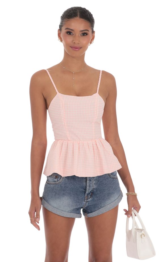 Gingham Peplum Top in Pink