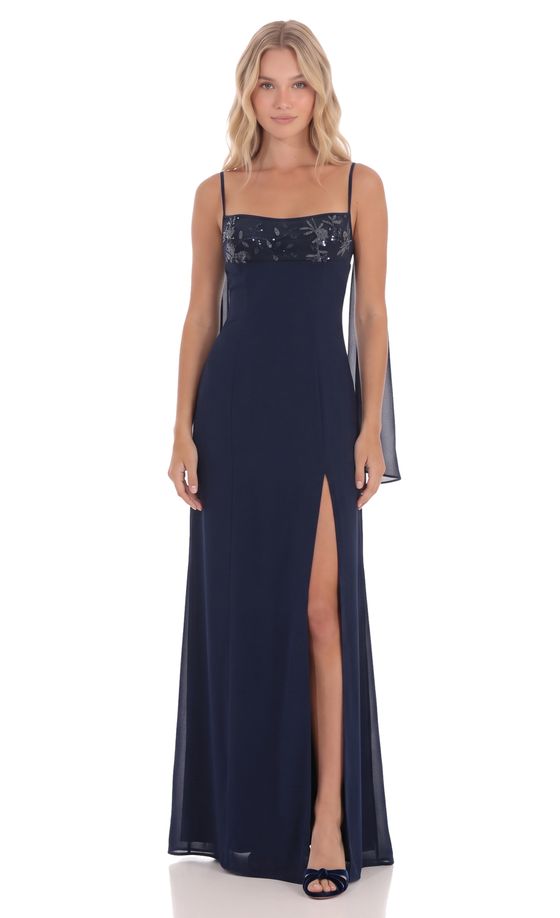 Floral Sequin Bust Maxi Dress in Navy