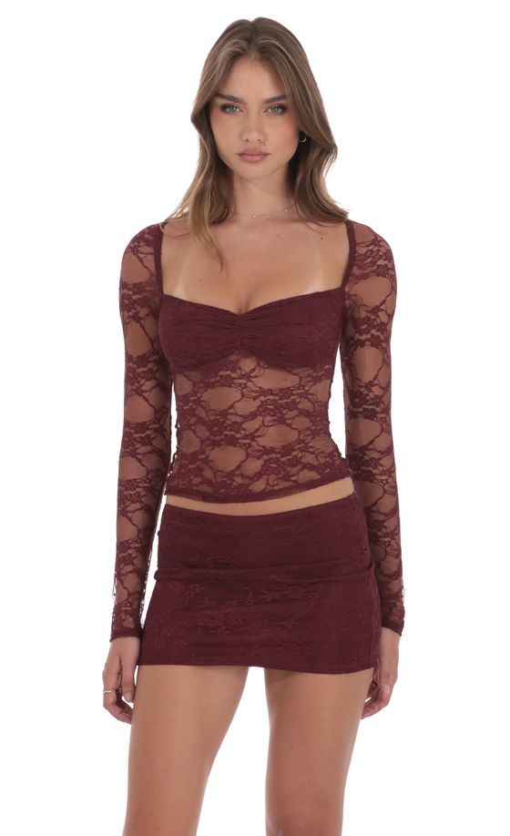 Sheer Lace Skirt in Burgundy