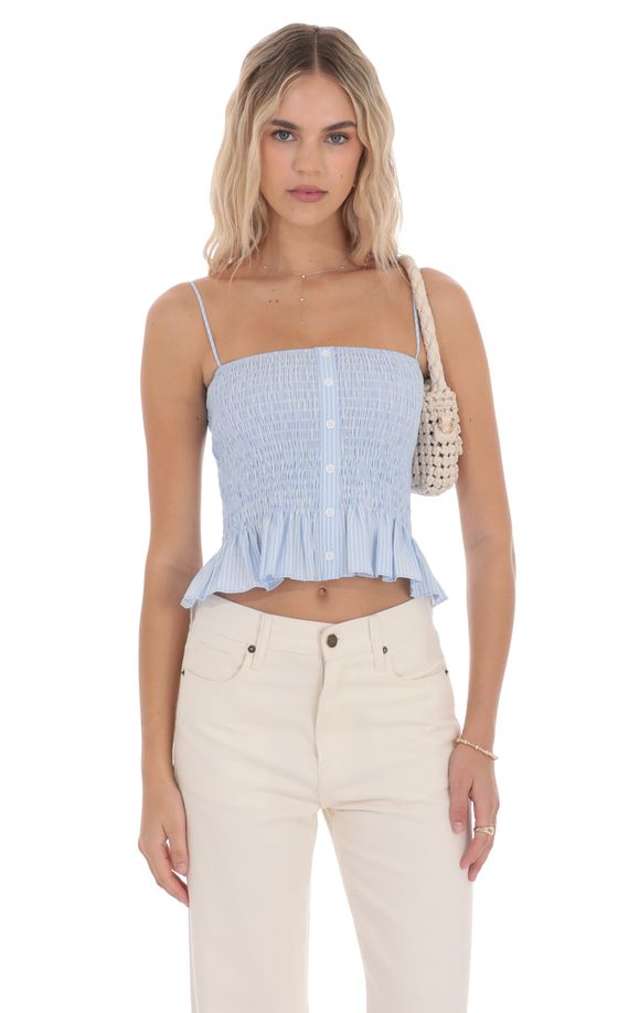 Smocked Striped Button Top in Blue