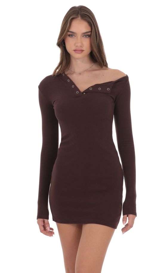 Off Shoulder Henley Dress in Brown