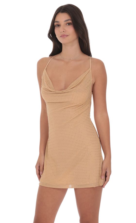 Rhinestone Cowl Neck Dress in Beige