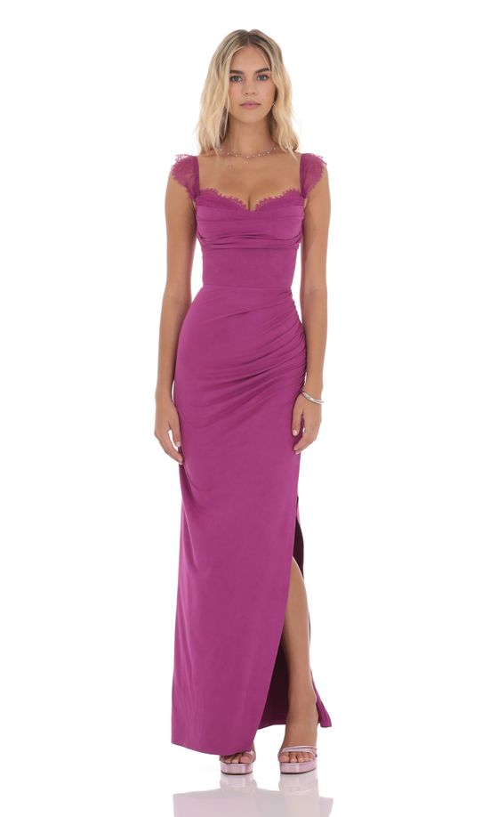 Suede Draped Lace Maxi Dress in Magenta