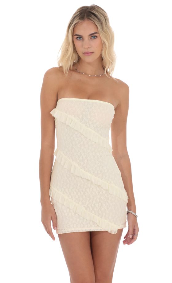 Strapless Lace Ruffle Dress in Ivory