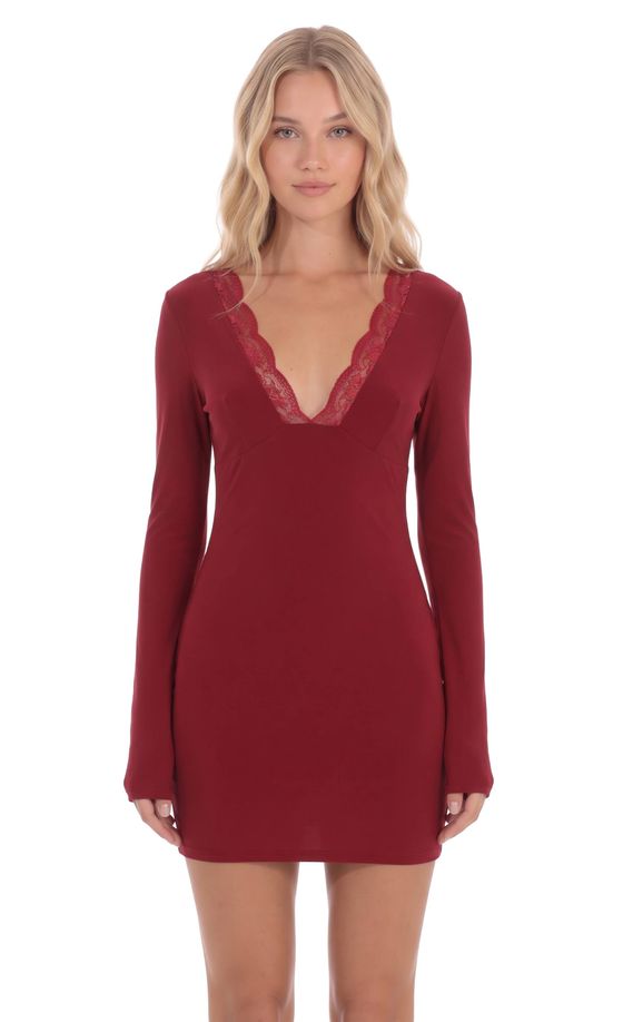 Lace Trim Long Sleeve Mini Dress in Burgundy
