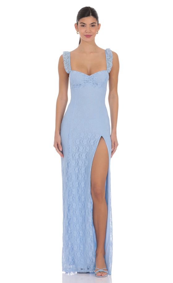 Lace Ruffle Sleeve Maxi Dress in Light Blue