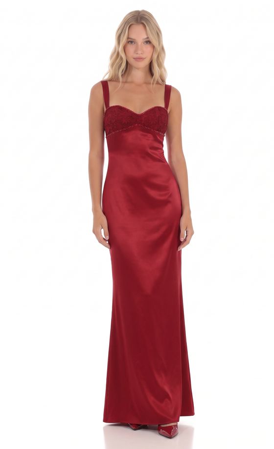 Beaded Sweetheart Maxi Dress in Red