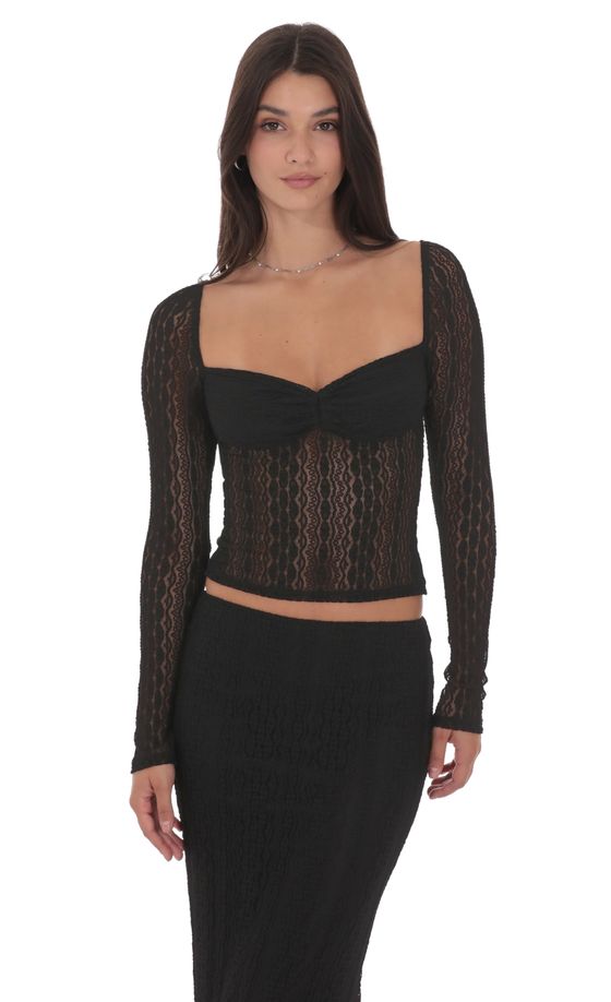 Прозрачный топ из кружева с длинными рукавами черный