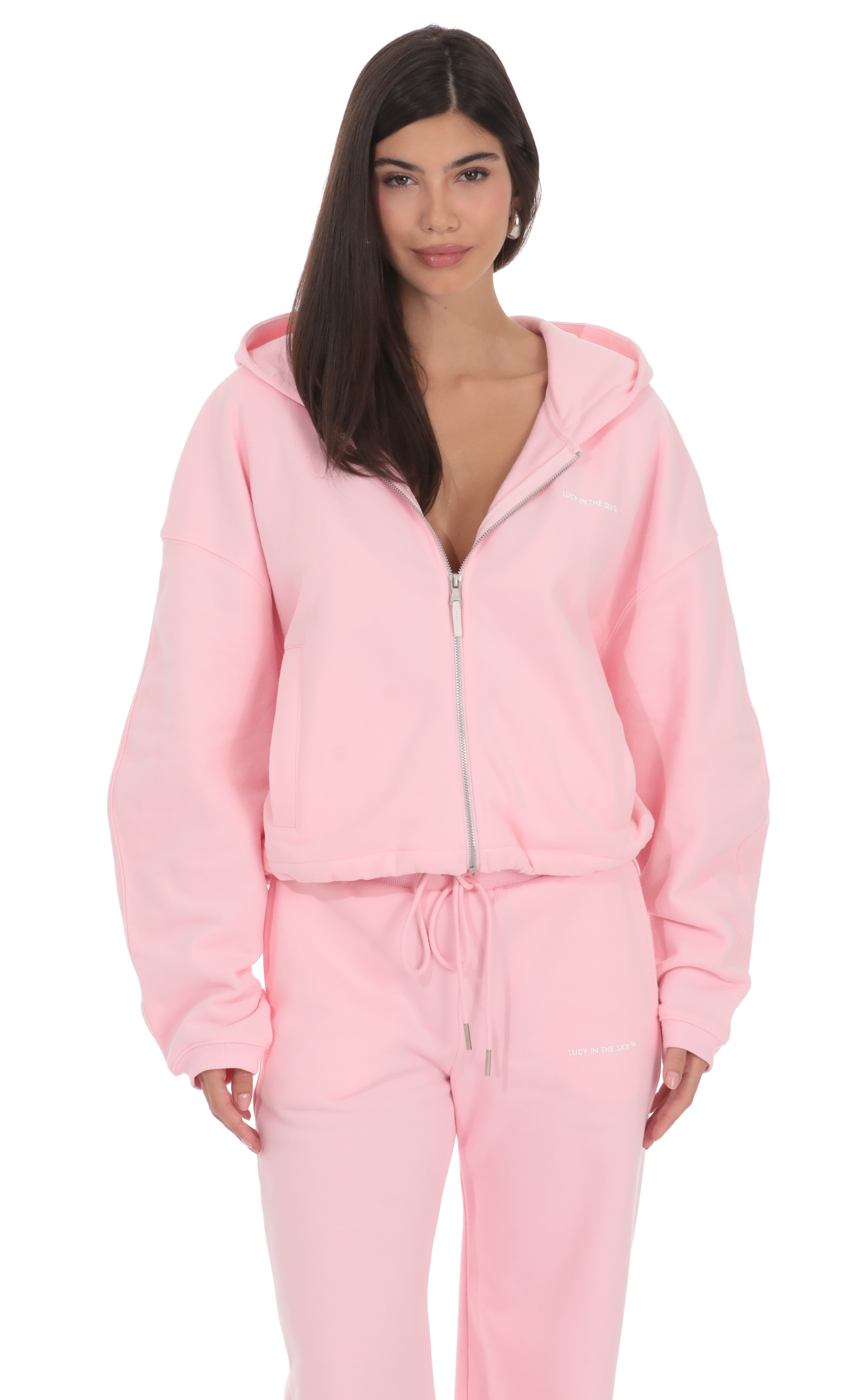 Cropped Fleece Zip-Up Hoodie in Pink