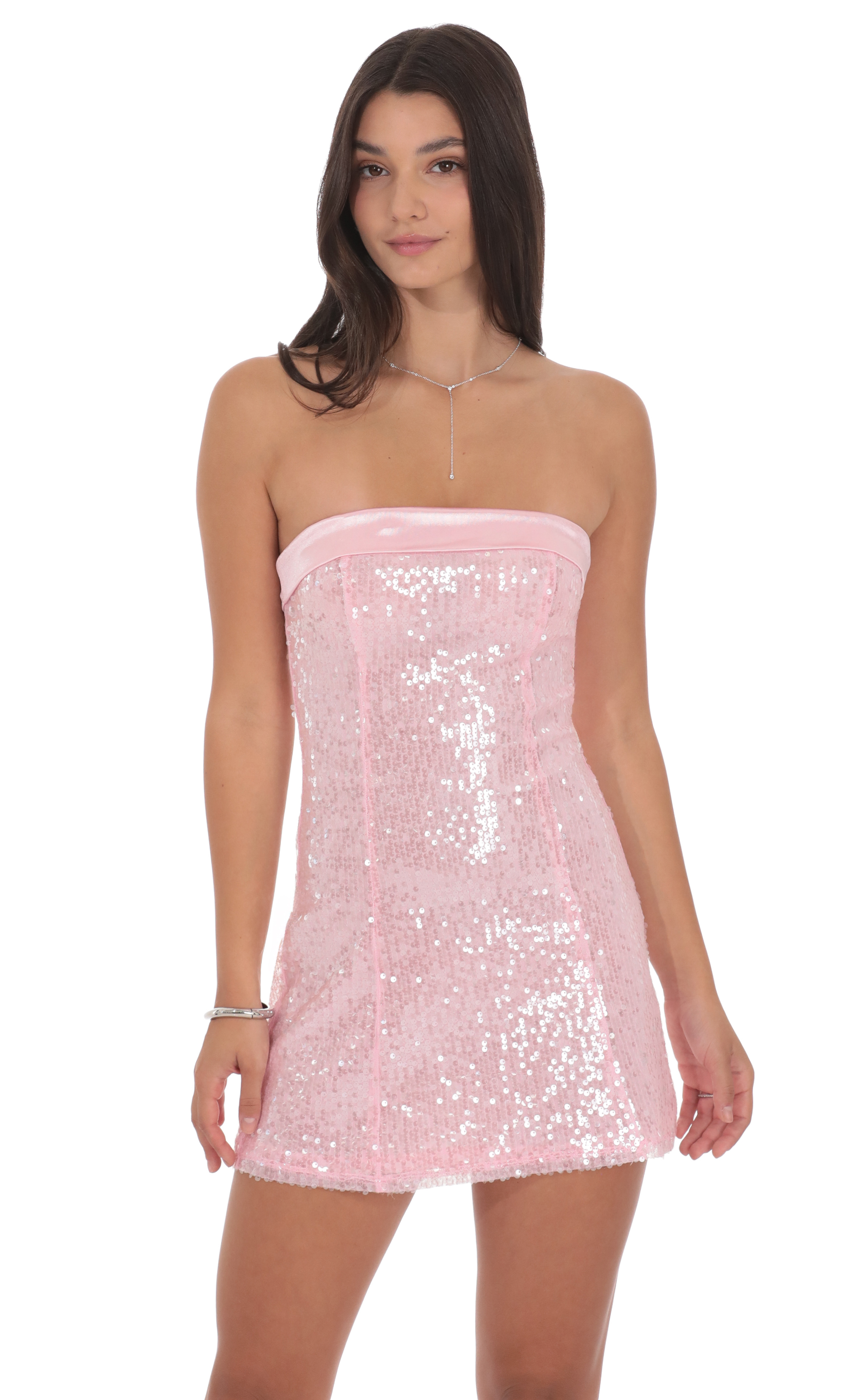 Satin Trim Sequin Dress in Pink