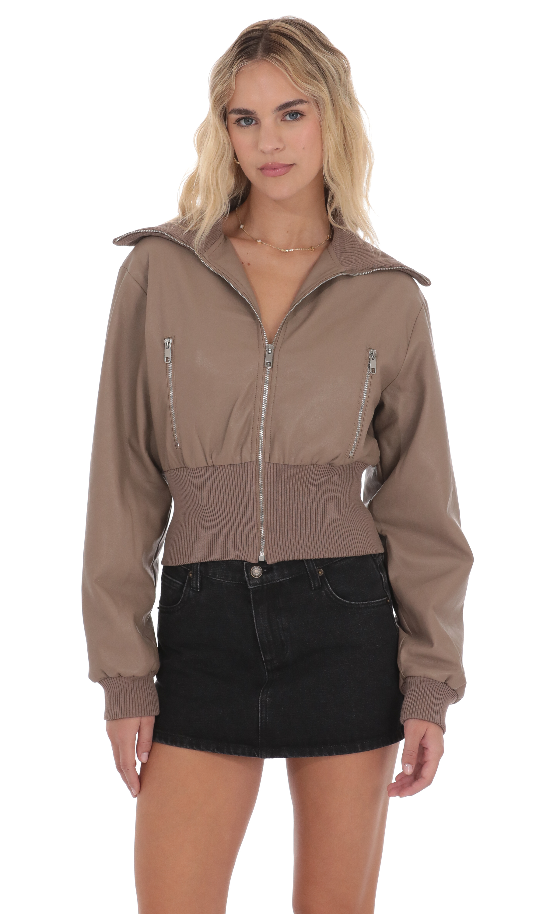 Cinched Faux Leather Bomber Jacket in Light Brown