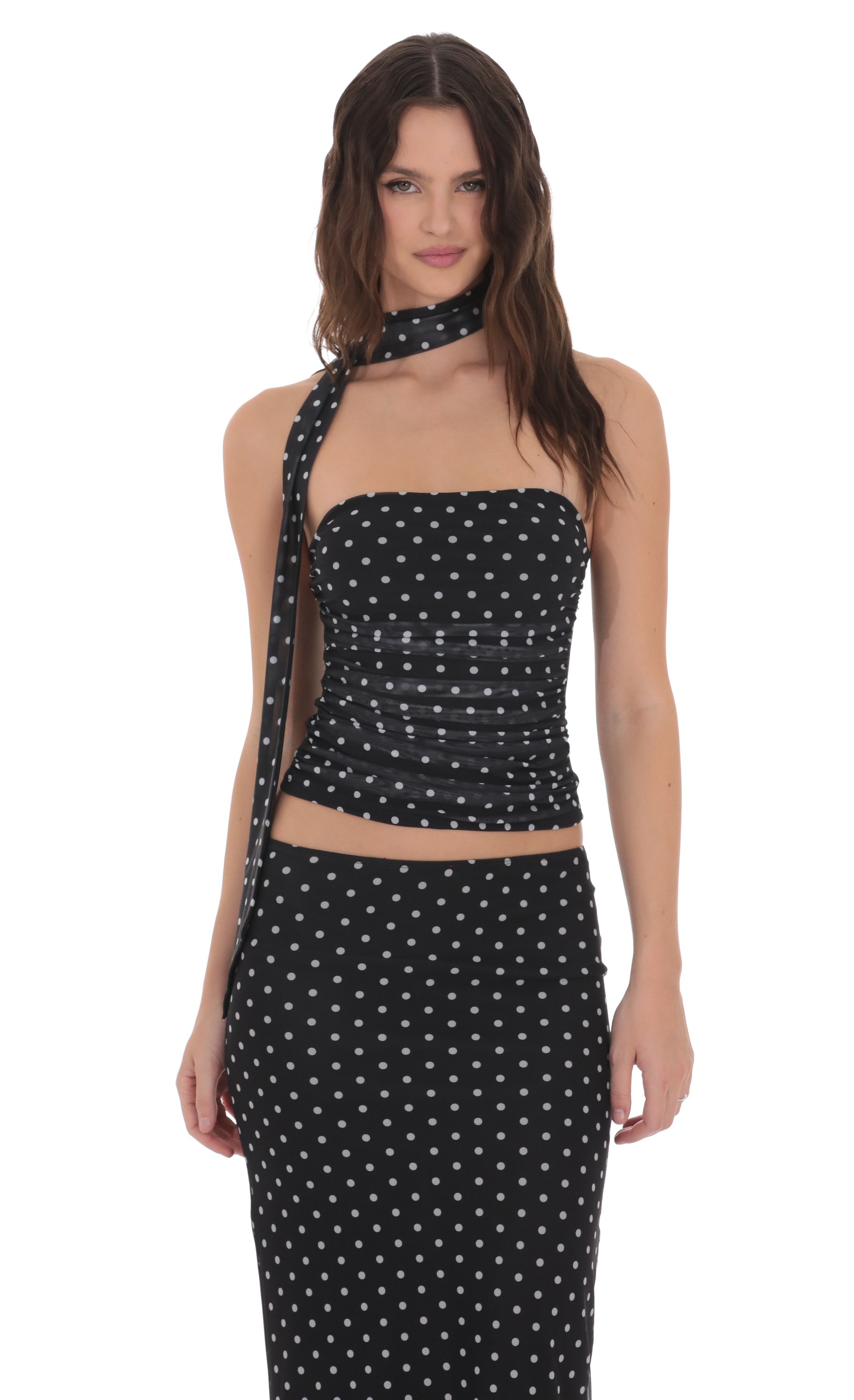 Scarf Polka Dot Mesh Tube Top in Black