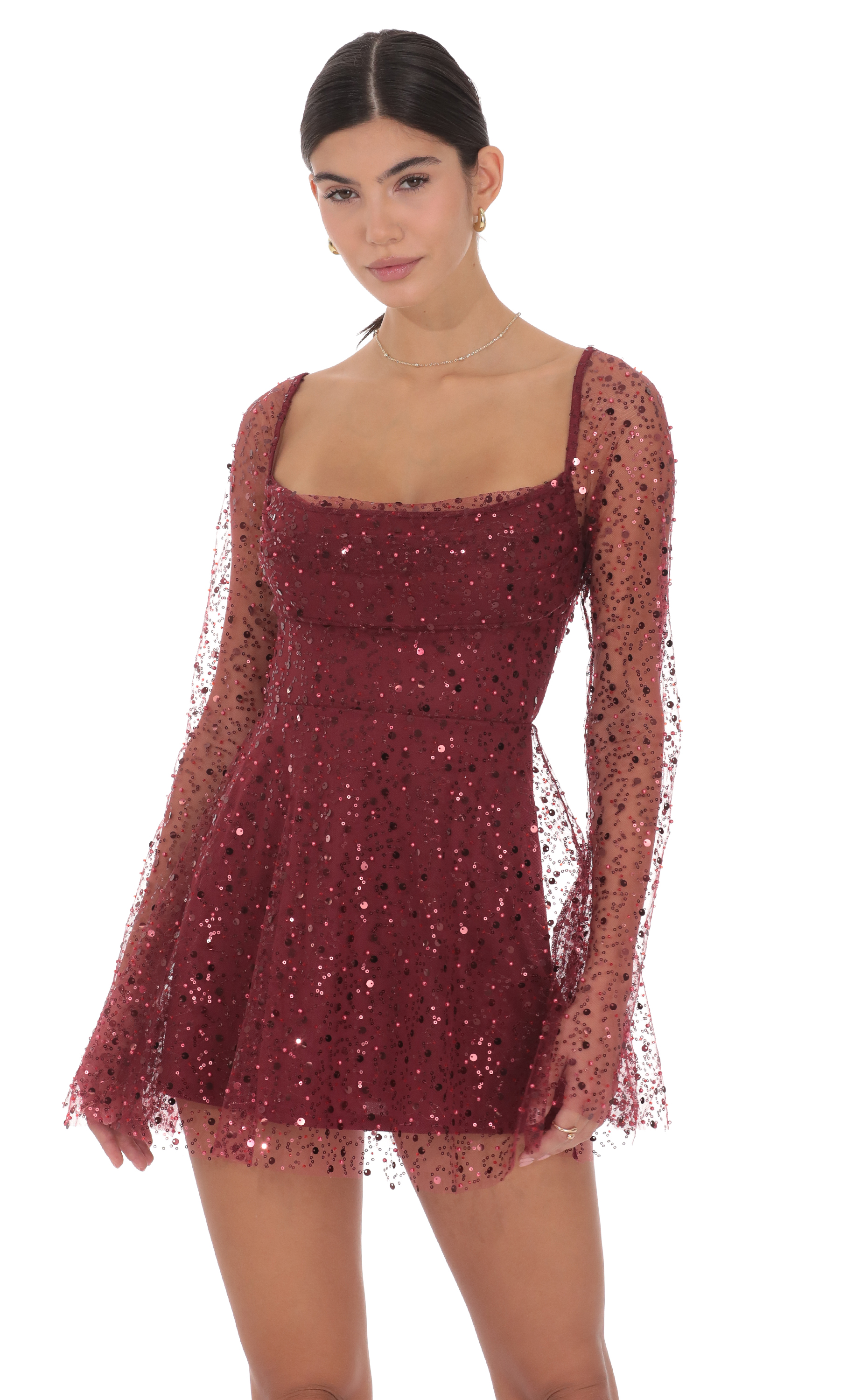 Sequin Beaded Long Sleeve Fit and Flare Dress in Burgundy