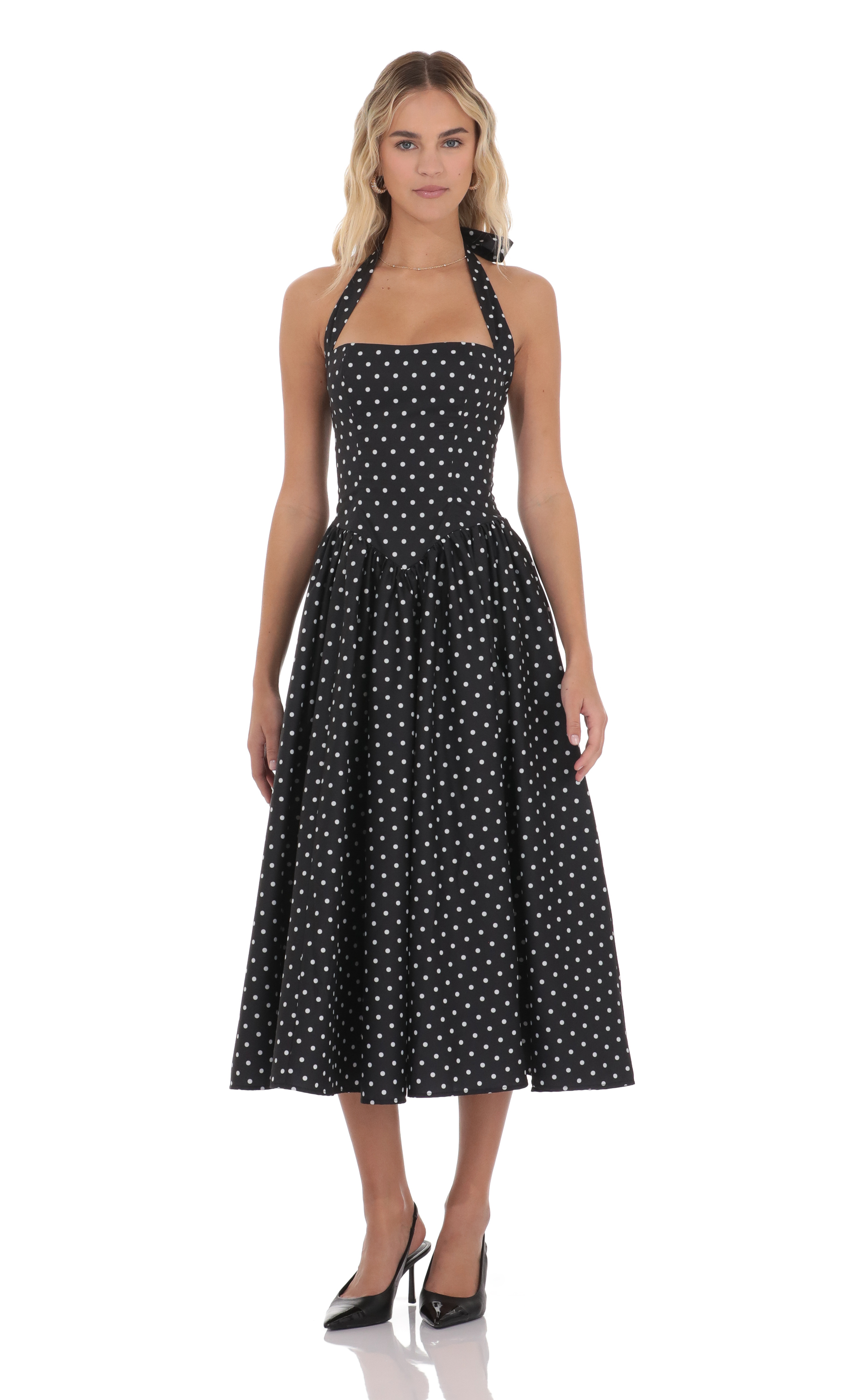 Polka Dot Halter Midi Dress in Black