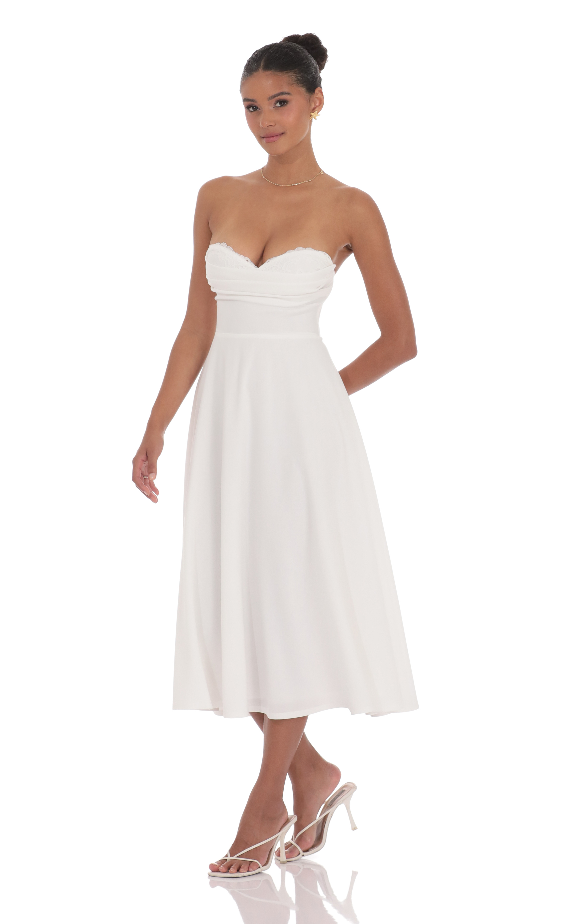 Lace Bust A-Line Midi Dress in White | LUCY IN THE SKY