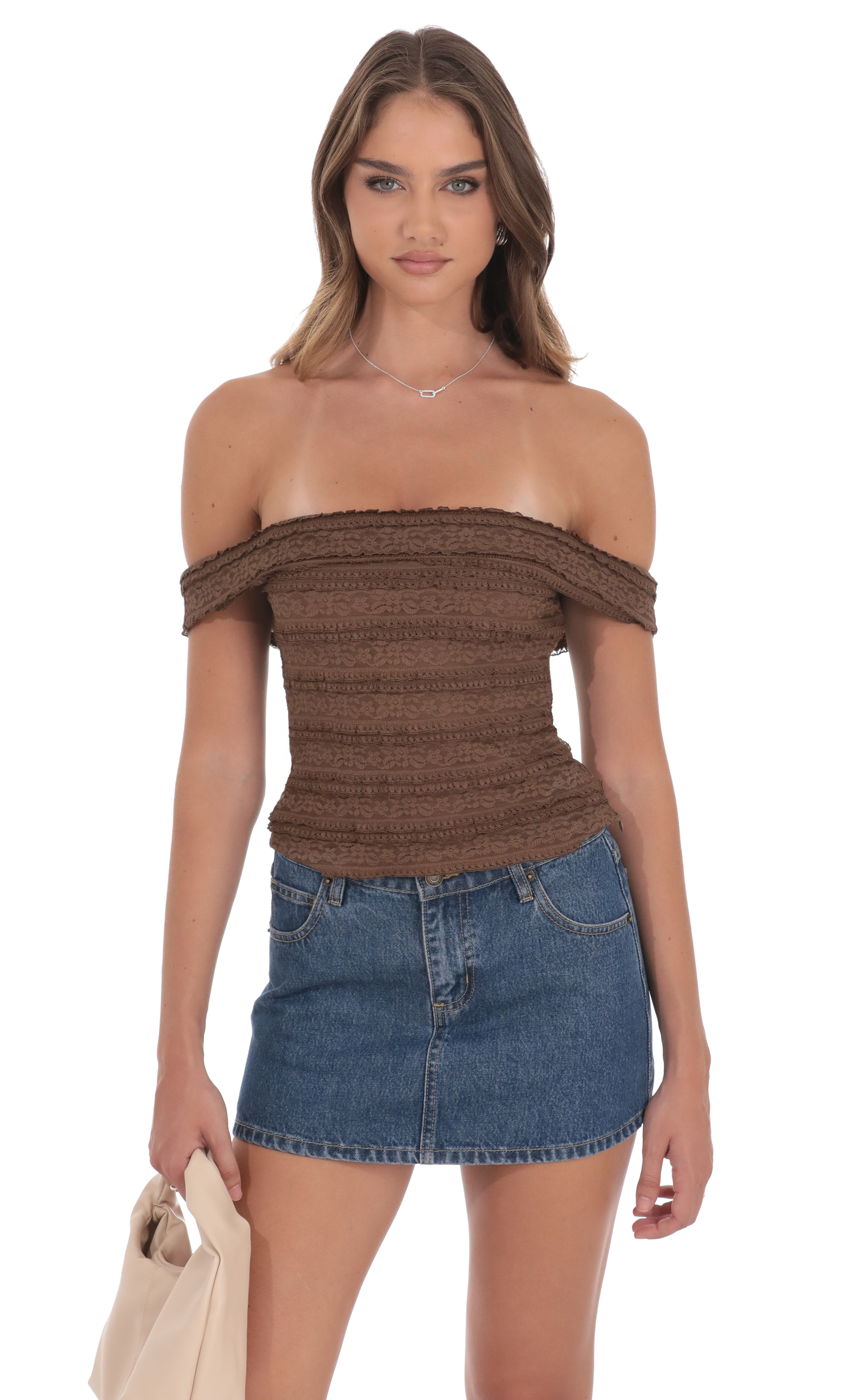 Ruffle Lace Off Shoulder Top in Brown