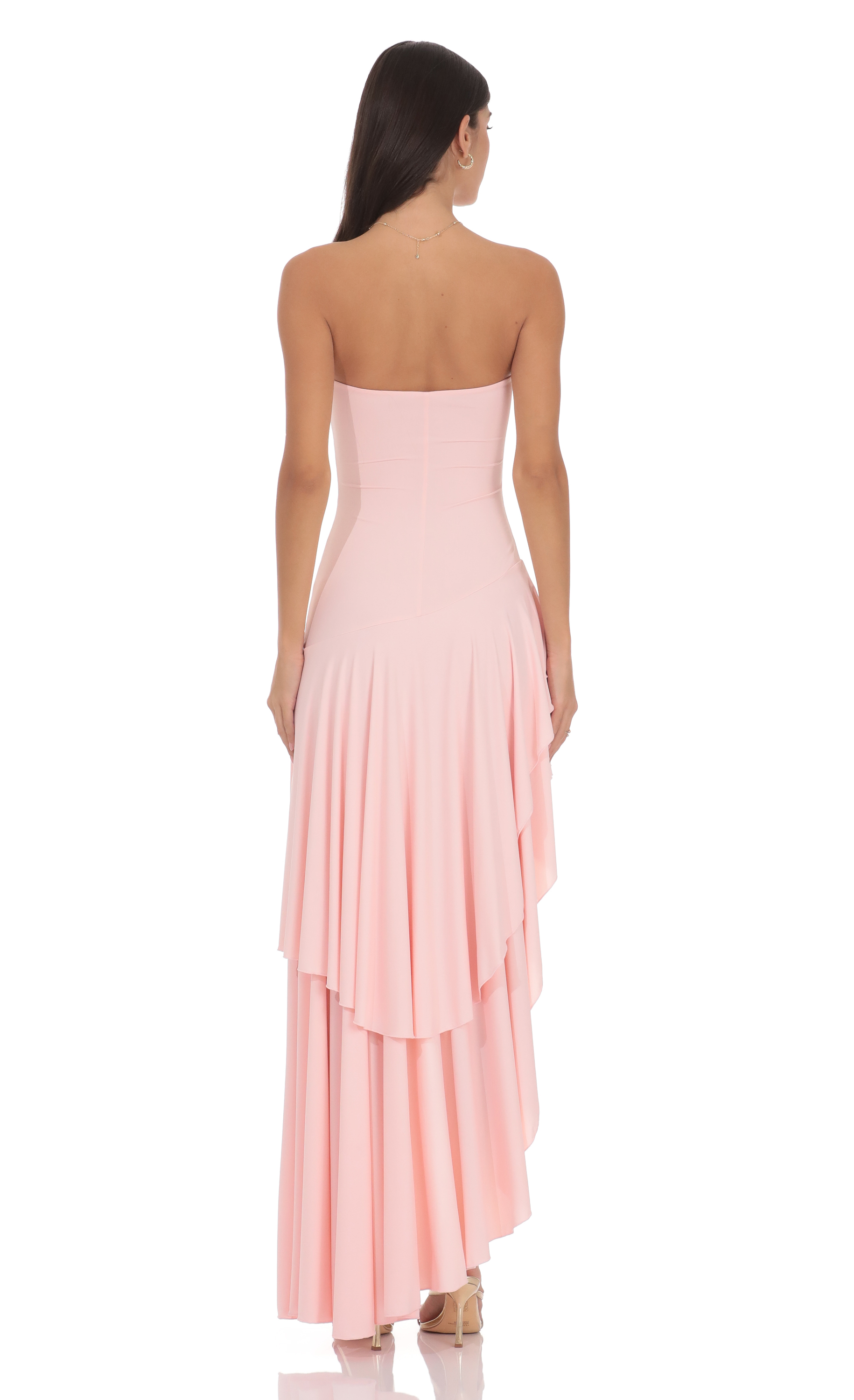 Strapless Ruffle Asymmetrical Maxi Dress in Baby Pink | LUCY IN THE SKY Strapless Ruffle Asymmetrical Maxi Dress in Baby Pink | LUCY IN THE SKY