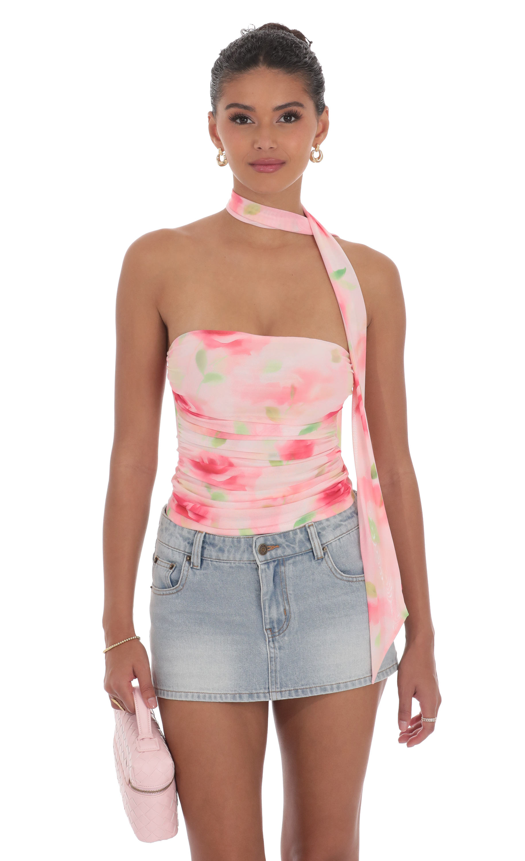 Scarf Floral Mesh Tube Top in Pink