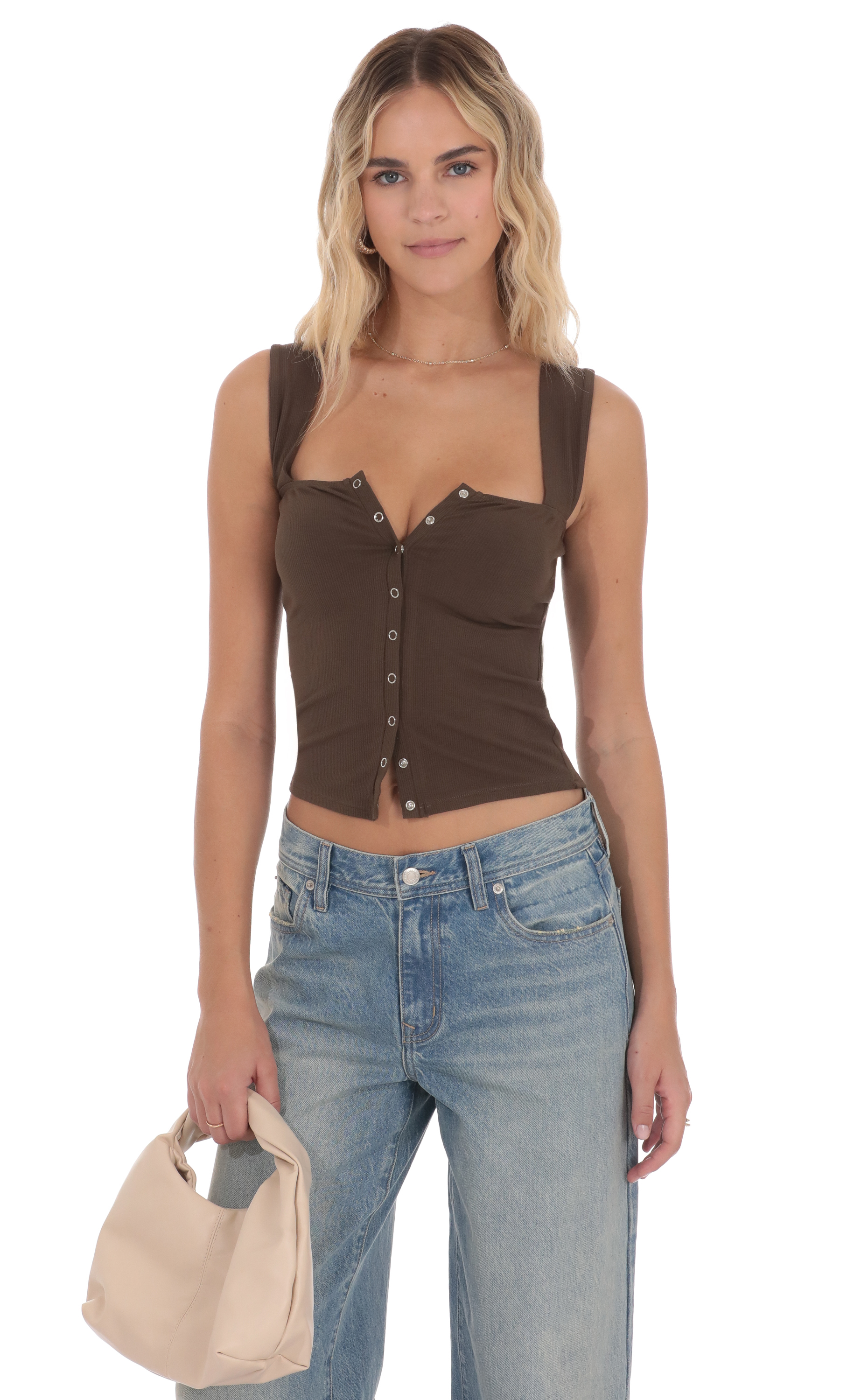 Ribbed Square Neck Top in Brown