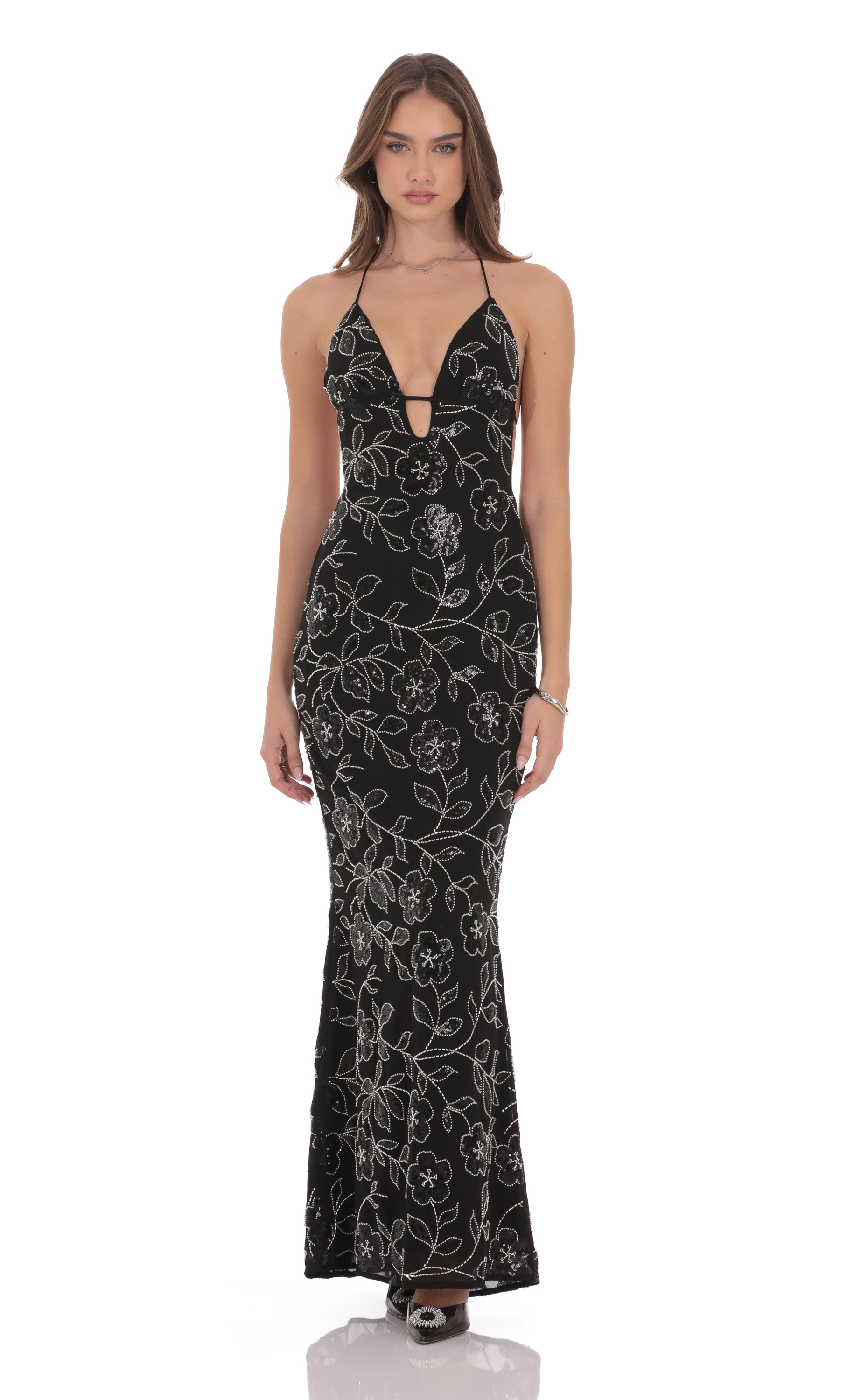 Sequin Floral Punge Maxi Dress in Black