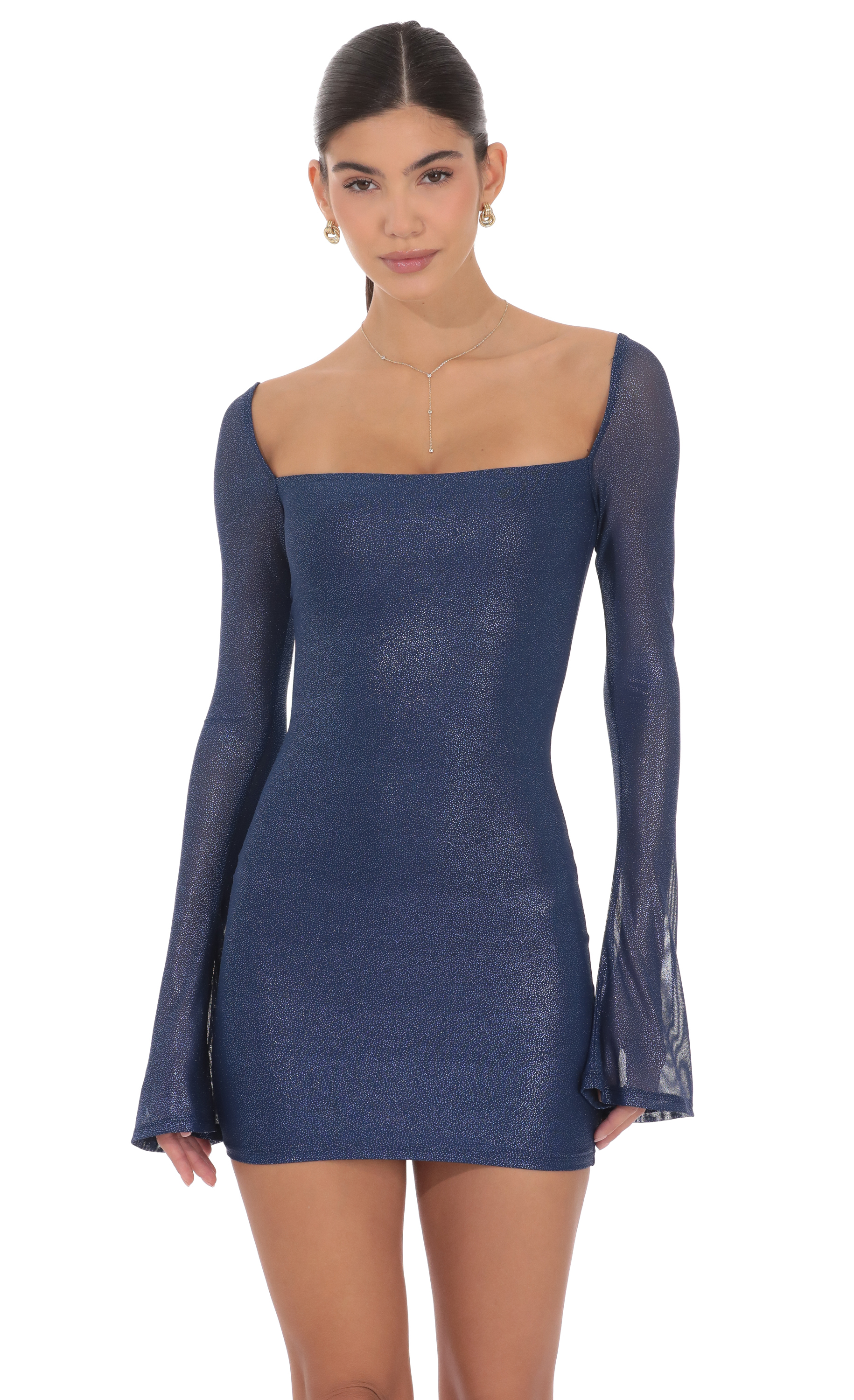 Foil Long Sleeve Bodycon Dress in Navy