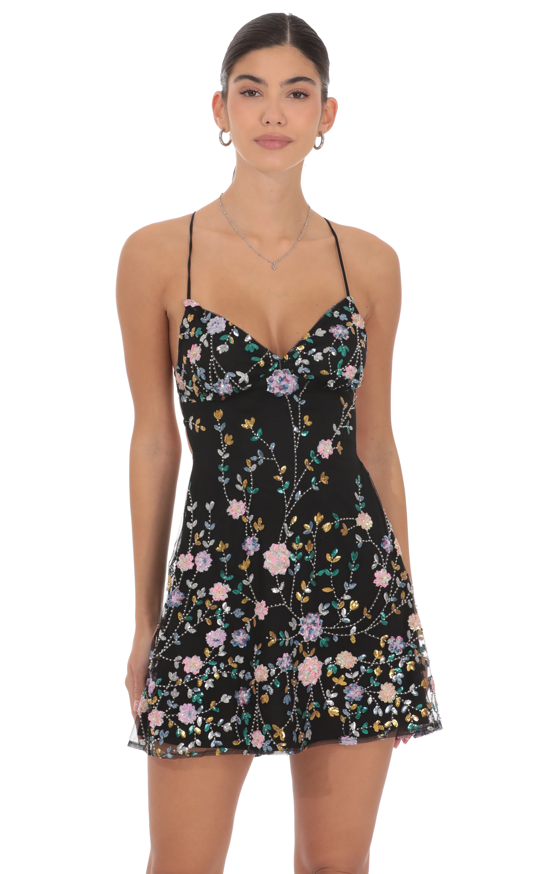 Floral Sequin Embroidered Open Back Dress in Black