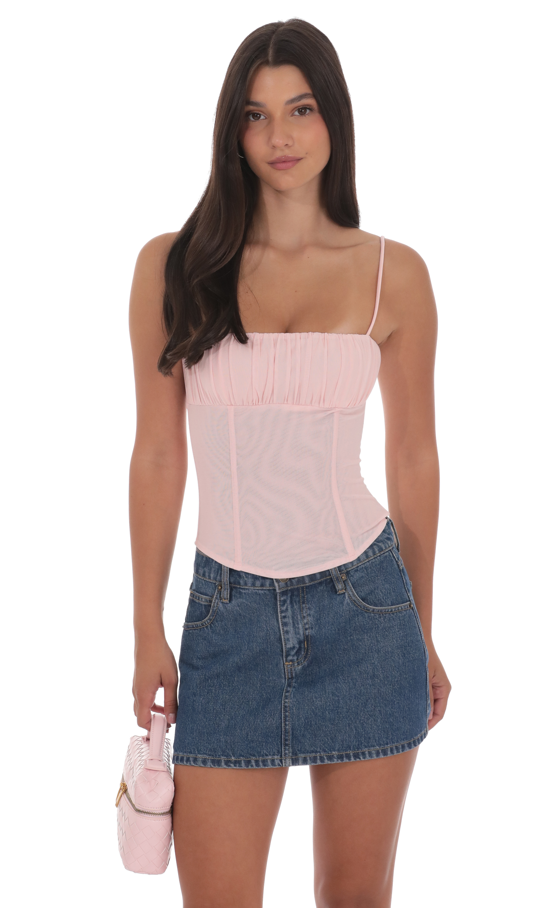 Ruched Mesh Top in Pink