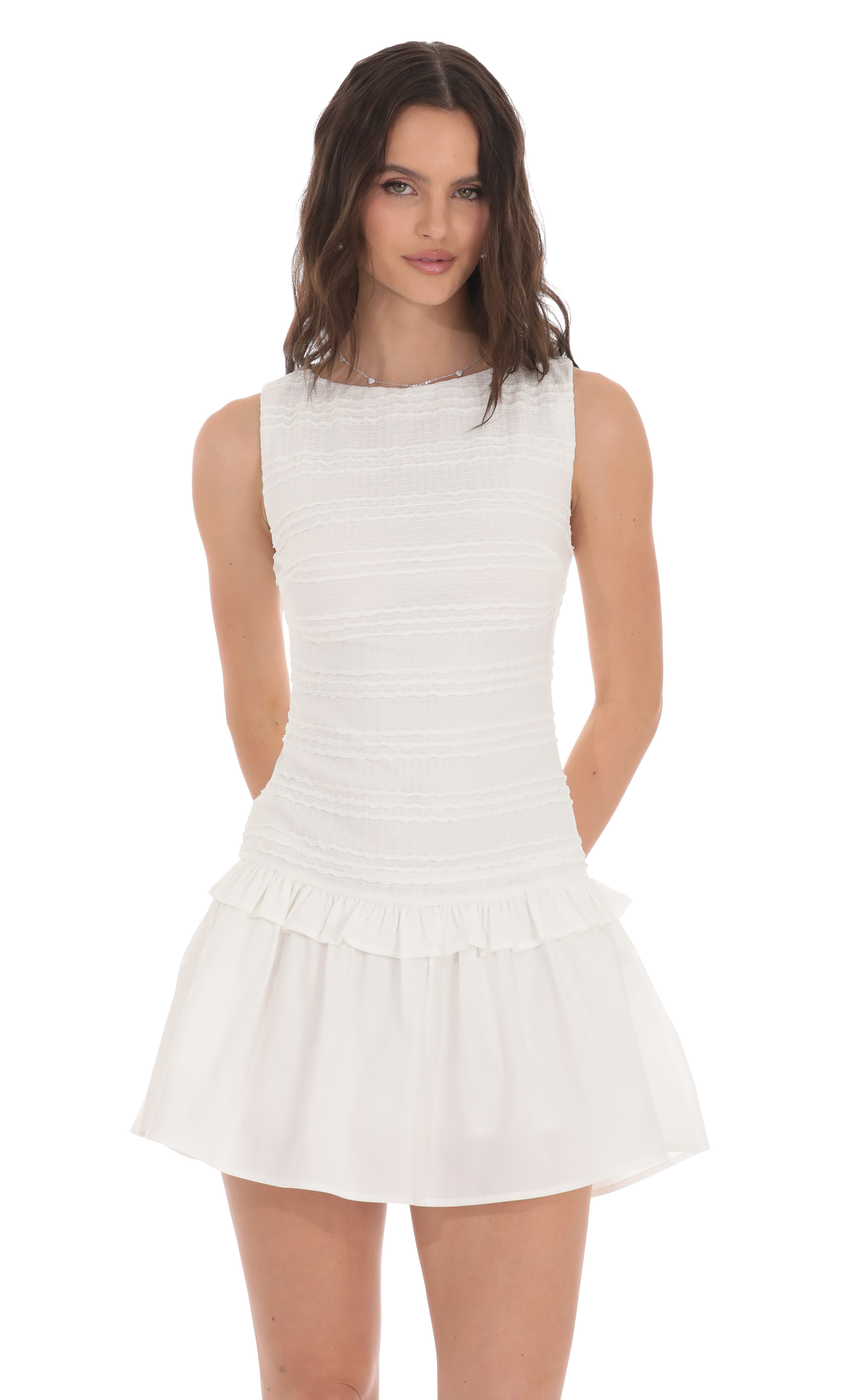 Textured High Neck Dress in White