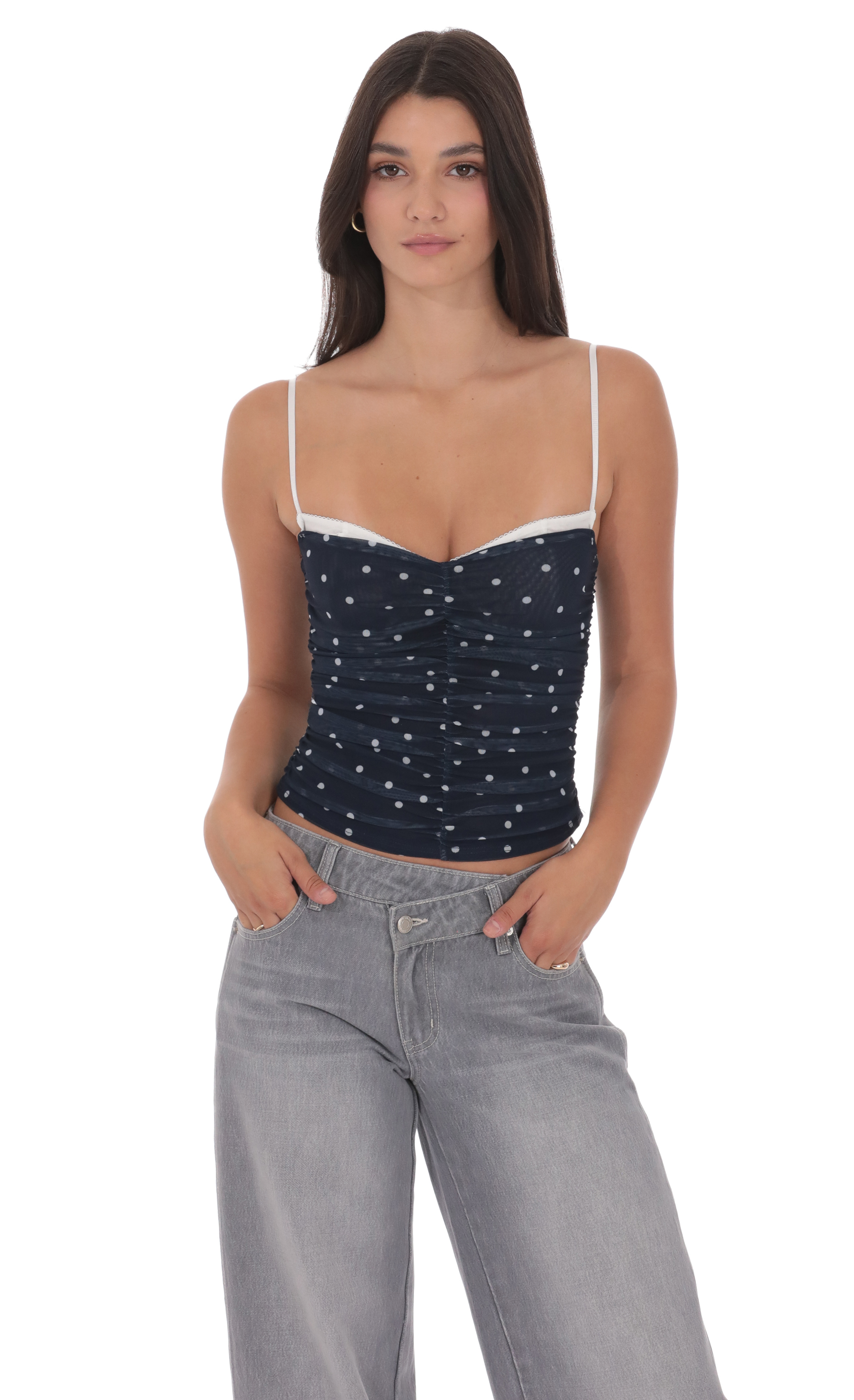 Ruched Polka Dot Mesh Top in Navy