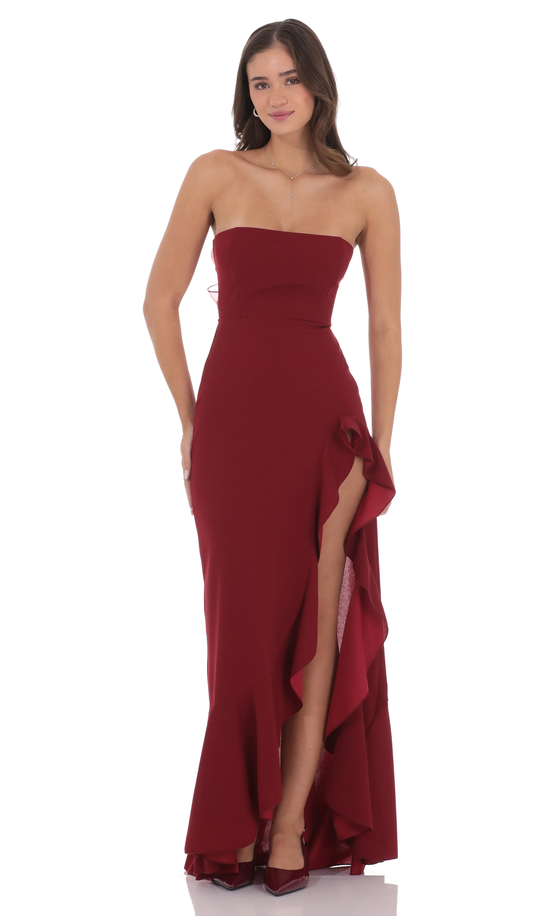 princess polly baby blue dress Corset Strapless Back Bow Maxi Dress in Maroon