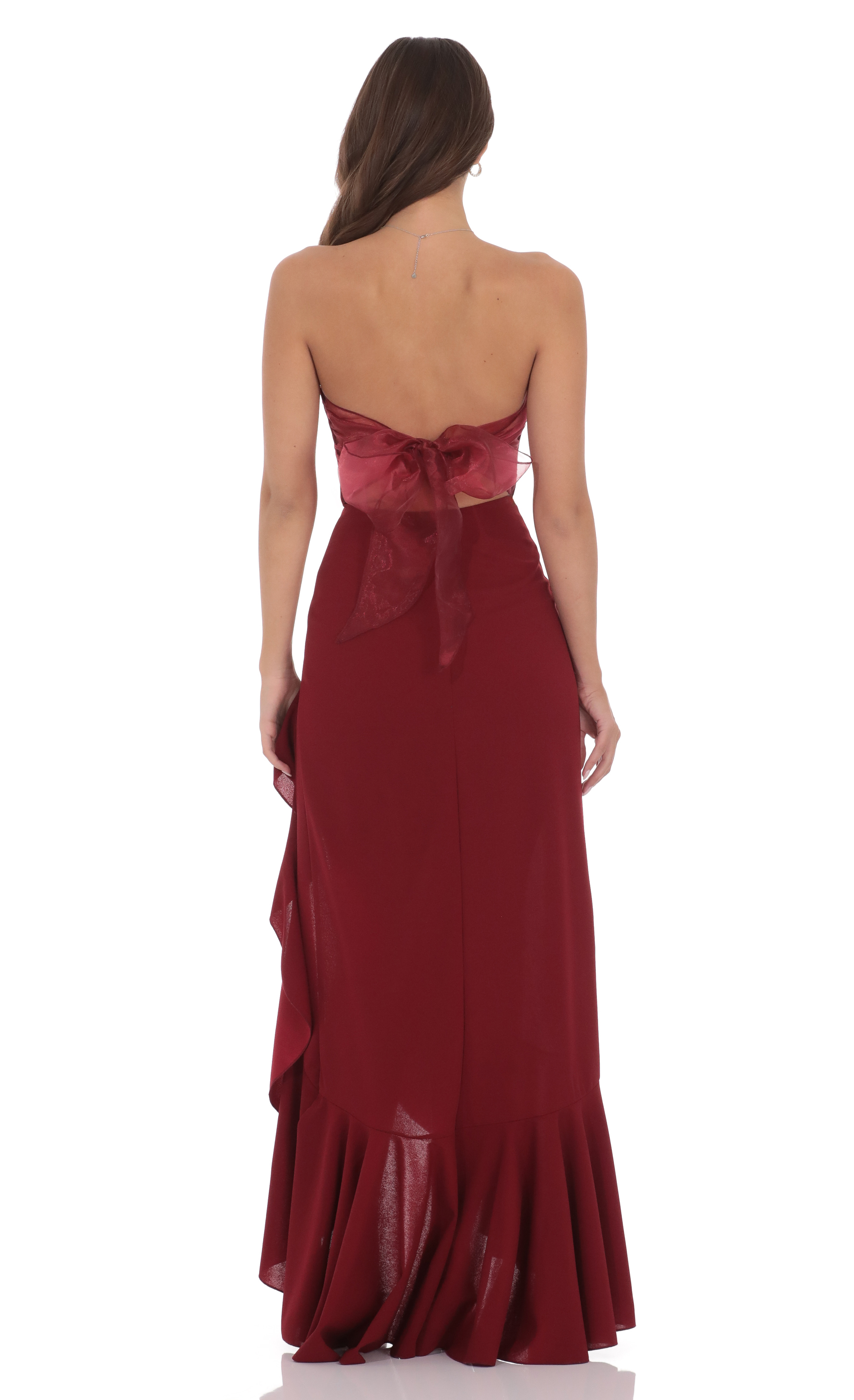 strapless back bow corset maxi dress Corset Strapless Back Bow Maxi Dress in Maroon