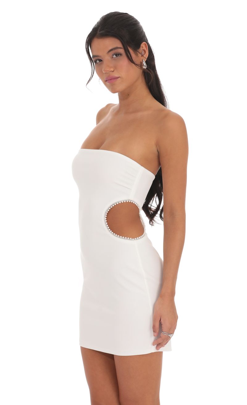 Pearl Cutout Strapless Dress in White | LUCY IN THE SKY Pearl Cutout Strapless Dress in White | LUCY IN THE SKY