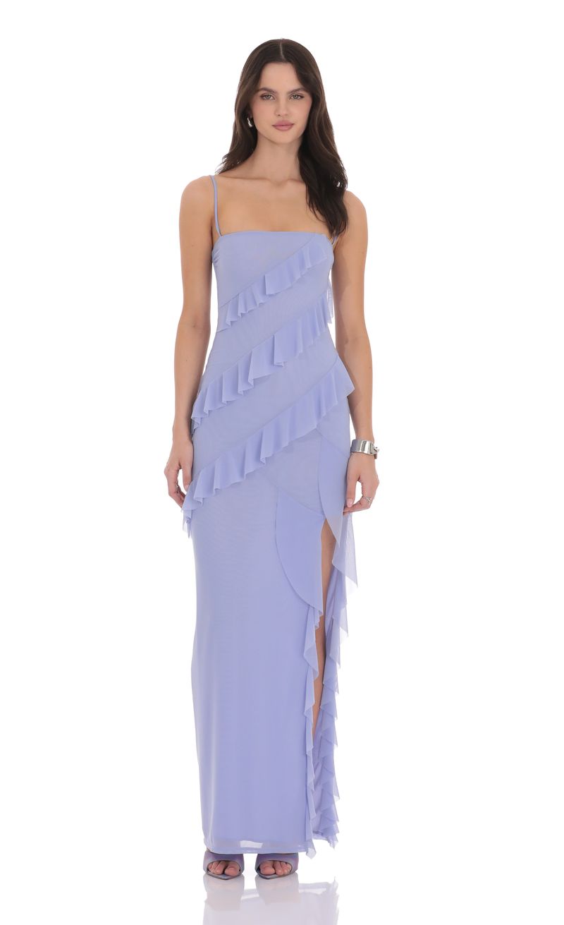Ruffle Mesh Square Neck Maxi Dress in Periwinkle | LUCY IN THE SKY