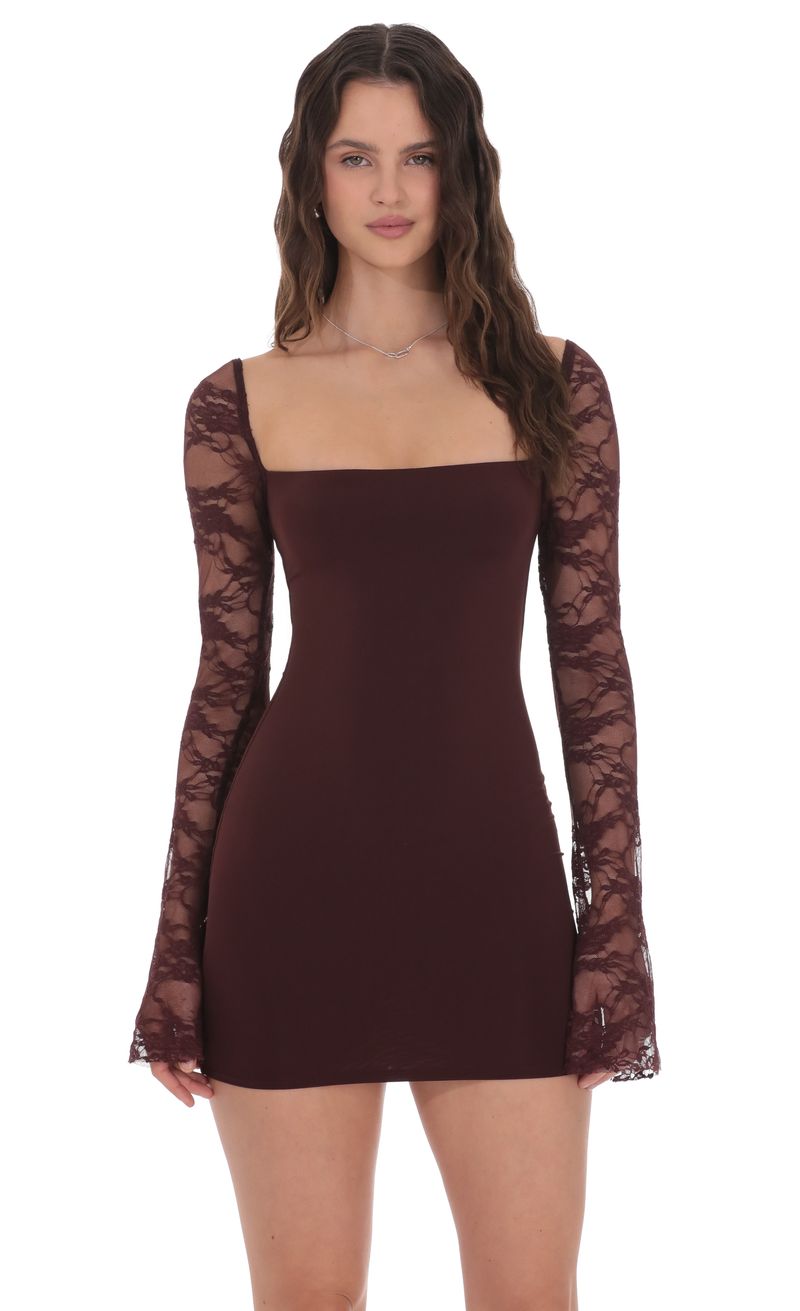 Lace Long Sleeve Bodycon Dress in Brown | LUCY IN THE SKY