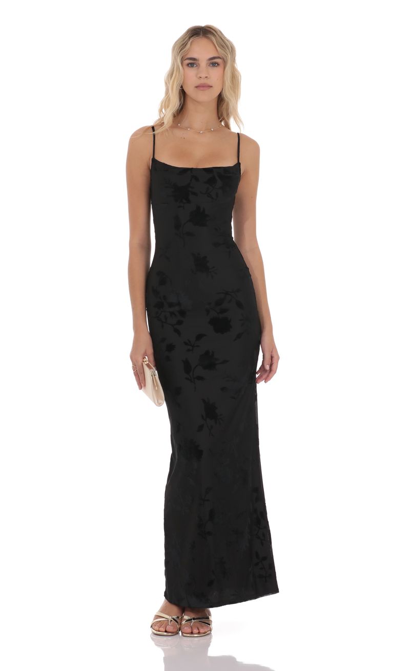 Velvet Floral Cowl Neck Maxi Dress in Black | LUCY IN THE SKY