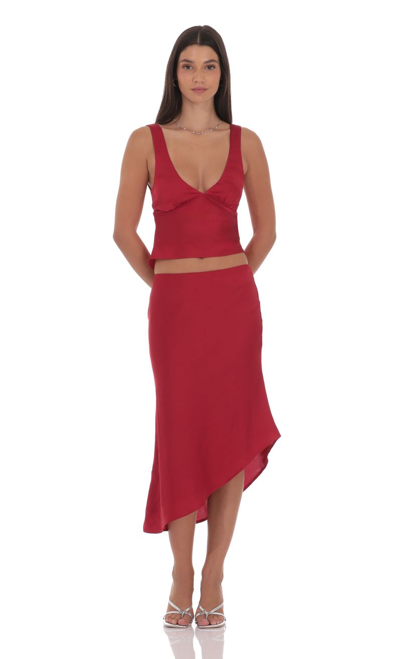 Satin Asymmetrical Midi Skirt in Red | LUCY IN THE SKY