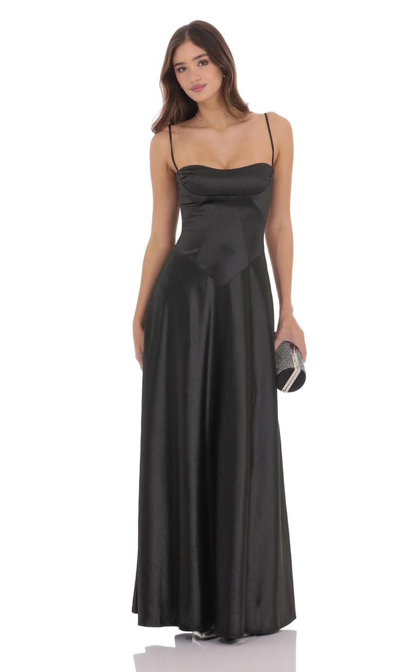Satin Square Neck Maxi Dress in Black | LUCY IN THE SKY