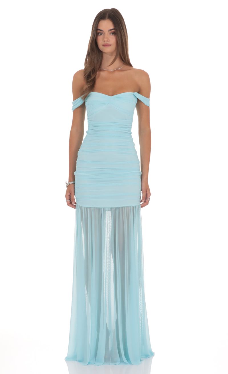 Mesh Off Shoulder Ruched Maxi Dress in Blue | LUCY IN THE SKY Mesh Off Shoulder Ruched Maxi Dress in Blue | LUCY IN THE SKY
