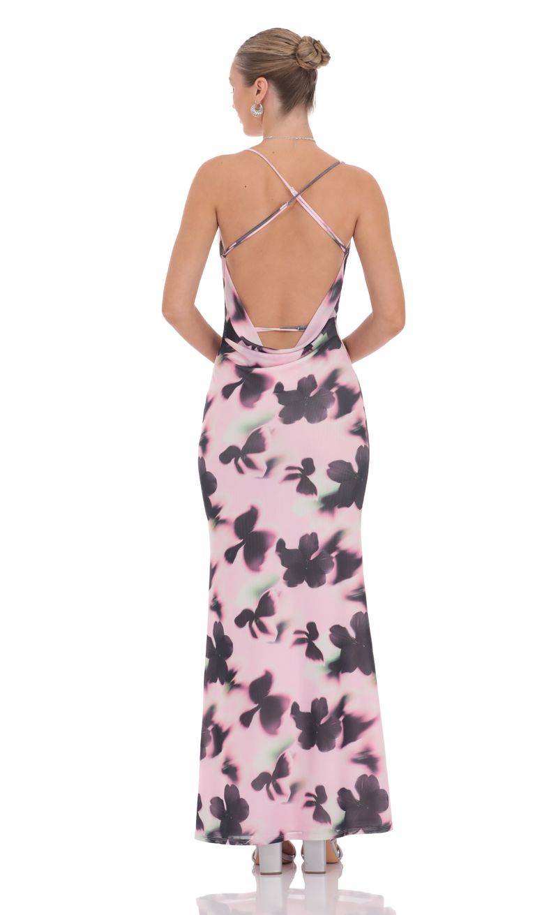 Mesh Lilly Print Cowl Neck Maxi Dress in Pink | LUCY IN THE SKY