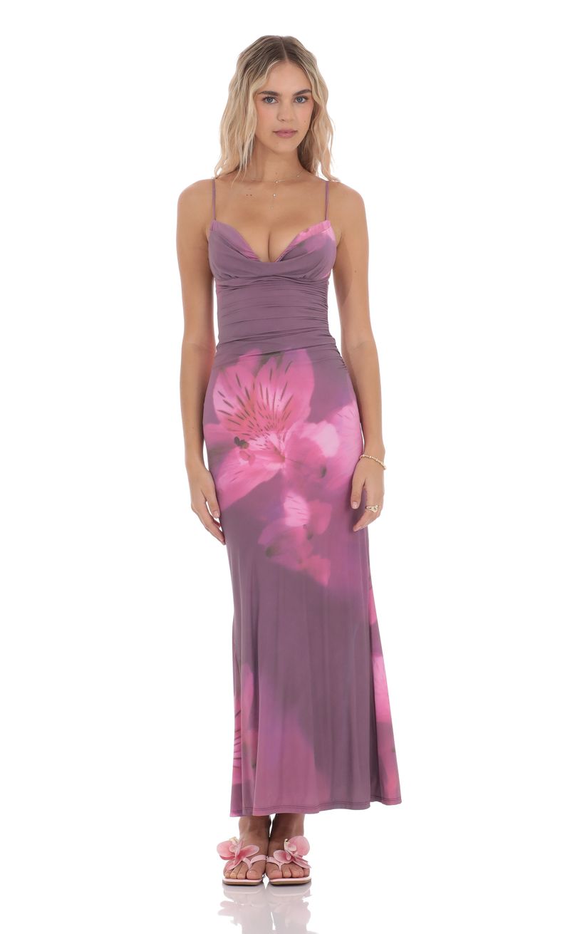 Floral Ruched Cowl Neck Maxi Dress in Purple | LUCY IN THE SKY