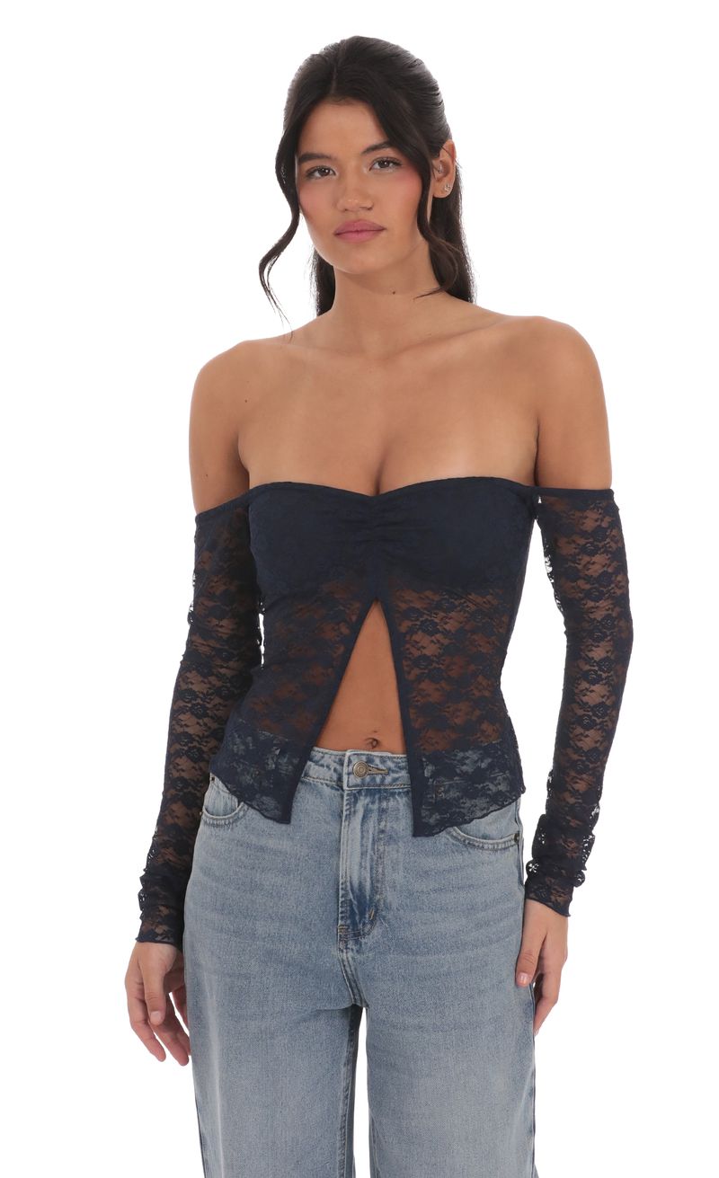 Off Shoulder Lace Flyaway Top in Navy | LUCY IN THE SKY Off Shoulder Lace Flyaway Top in Navy | LUCY IN THE SKY