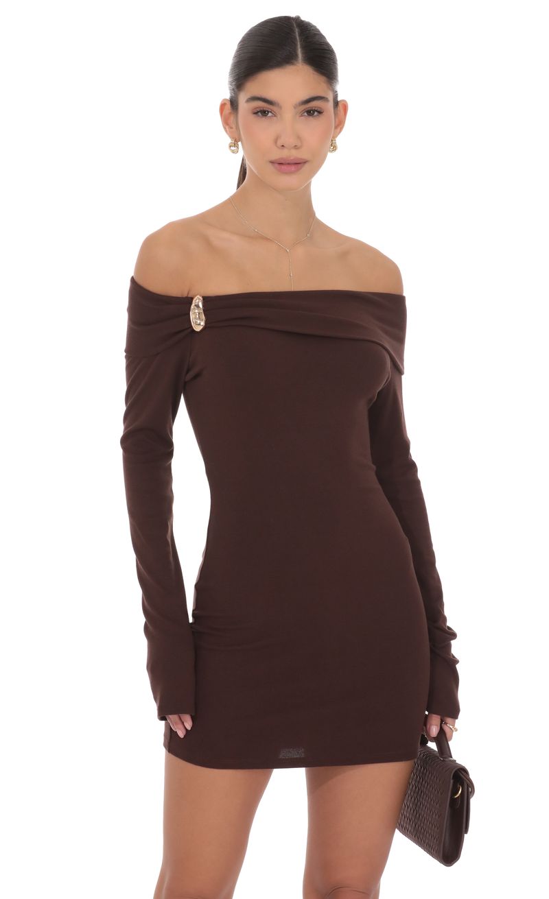 Charmed Off Shoulder Dress in Brown | LUCY IN THE SKY Charmed Off Shoulder Dress in Brown | LUCY IN THE SKY