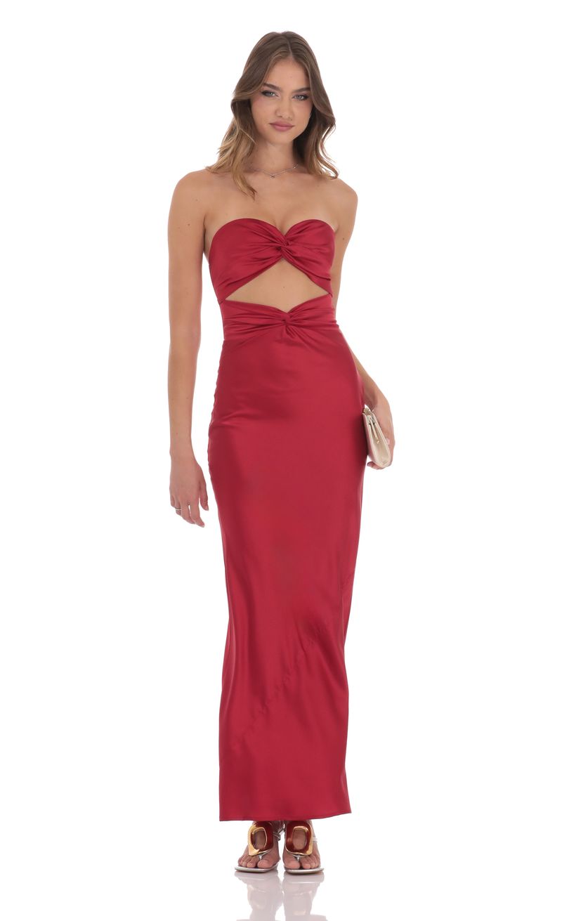 Satin Twist Cutout Maxi Dress in Red | LUCY IN THE SKY