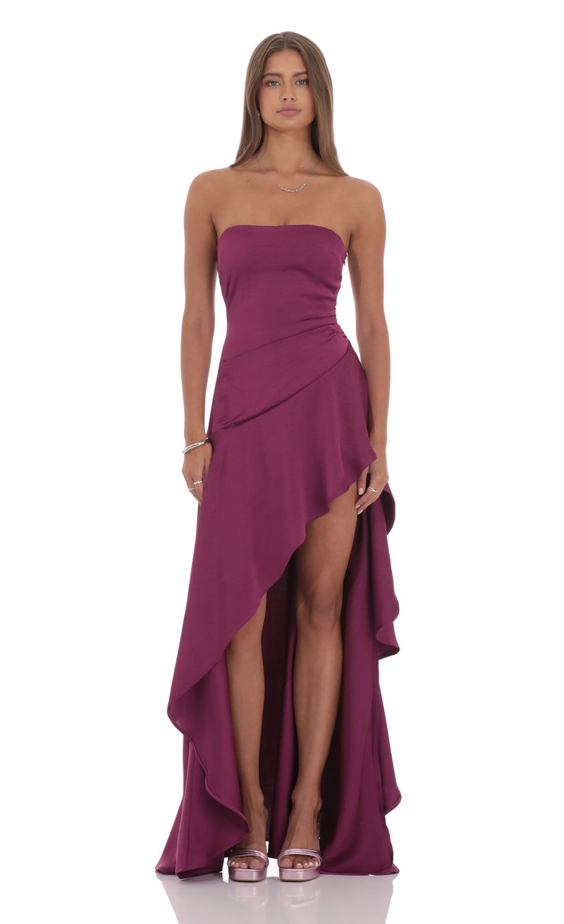 Satin High Low Maxi Dress in Plum | LUCY IN THE SKY