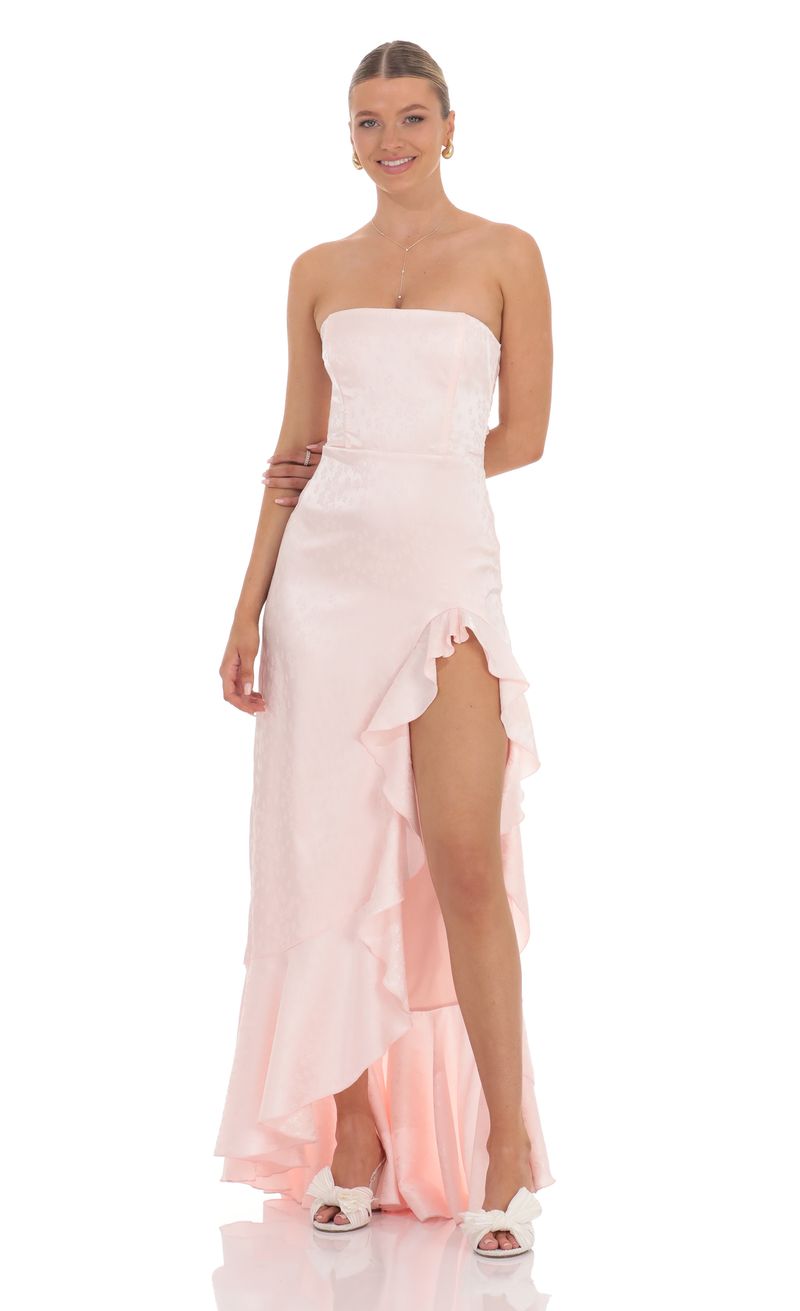 Satin Jacquard Back Bow Corset Maxi Dress in Pink | LUCY IN THE SKY